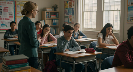 A classroom scene featuring a teacher and students in a school environment