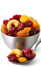 Colorful Trail Mix in Metallic Bowl and Spoon