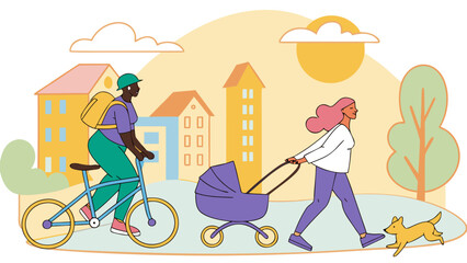 Diverse individuals enjoying a sunny day in the city with a baby stroller bicycle and a dog