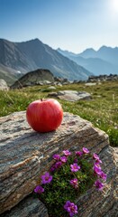 A red apple on a rock with purple flowers and mountains in the background on a sunny day outdoors