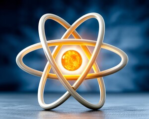 Abstract Glowing Atom Model on Dark Blue Background
