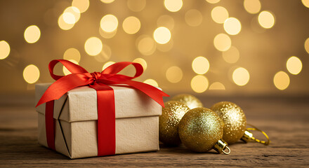Celebrating holidays: a simple gift and gold decorations under warm, twinkling lights.

