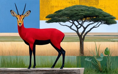 Abstract Red Antelope in Stylized Savanna Landscape