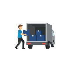 Obraz premium A man from a moving service loading cardboard boxes into a delivery truck. Vector illustration for logistics and relocation.