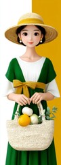 Boho Chic Illustration Young Woman Green Dress Straw Hat Fruit Tote Bag