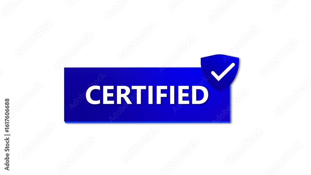 Poster secure and safe seal animation. reliable professional badge with blue shield checkmark. animated cer