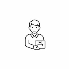A simple line icon of a person holding a delivery package with an arrow, representing shipping, logistics, and receiving an order.