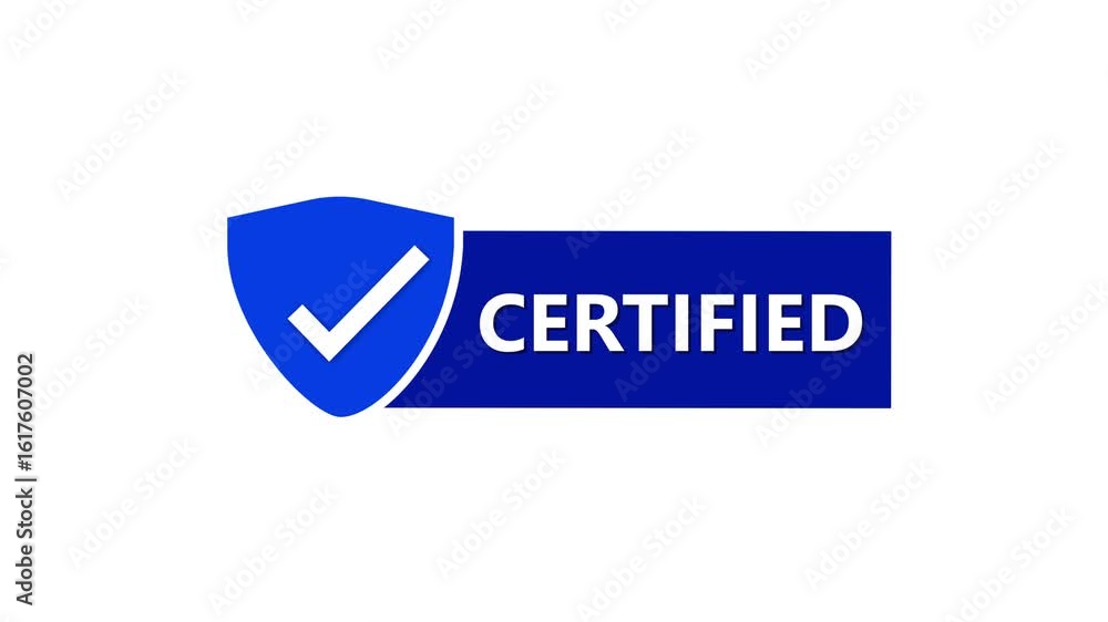 Poster certification seal animation. blue shield approved quality control badge icon loop. business securit