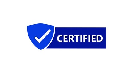 Certification seal animation. Blue shield approved quality control badge icon loop. Business security badge animation. Safe reliable trustworthy emblem with motion graphics.