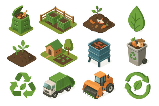 Icons vector collection truck icon recycling bin economy turning waste isometric farm