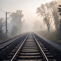 Fototapeta premium A lonely railway track disappears into the foggy horizon, inviting a mysterious journey through a steel landscape