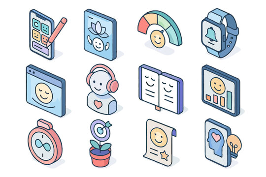 Ai icons relief tracker diary icon emotional mood wellness vector emotion tips