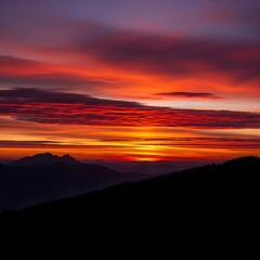 Fototapeta premium Vibrant Sunset Over Mountain Ridges A Symphony of Fiery Colors and Silhouetted Peaks at Twilight