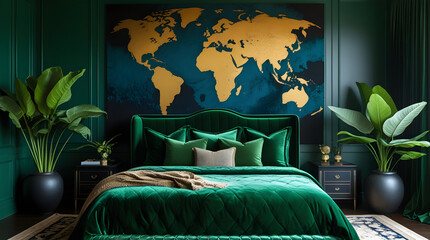 luxurious bedroom interior design with world map 