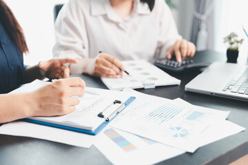 Business meeting, data analytics or women with graph presentation in office. Chart, analysis...