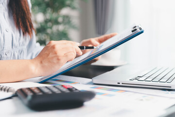 Business woman analyze calculate company financial, tax results office accounting statistics...