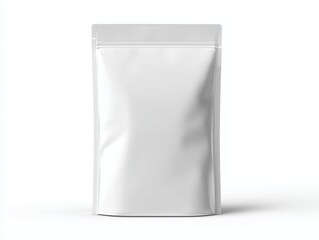 Blank white stand-up plastic pouch mockup with white surface with empty label, for protein powder, coffee, snacks, cosmetic or health products, product design presentation concept, branding