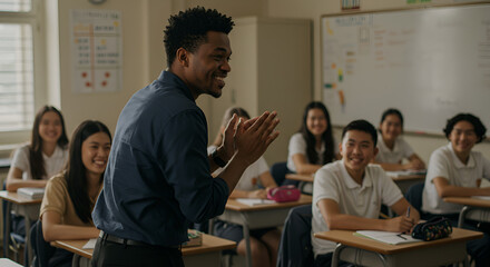 Enthusiastic teacher leading a diverse class in a bright and engaging learning environment