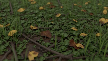 Fallen autumn leaves on green grass and clover fallen leaves