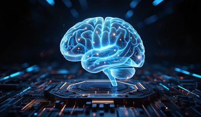 Illuminated Holographic Brain Over Complex Circuitry symbolizing Artificial Intelligence and Future Technology