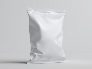 Plain white potato chips snack pack pouch mockup 3D render, clean packaging template for branding or product design on light grey background, product visuals, marketing, advertising, editorial use.