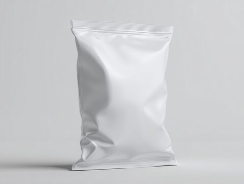 Plain white potato chips snack pack pouch mockup 3D render, clean packaging template for branding or product design on light grey background, product visuals, marketing, advertising, editorial use.