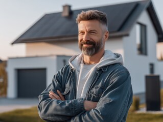 Fototapeta premium Middle-aged homeowner proudly standing outside his self-sufficient home powered by solar panels and battery system, clean sustainable eco energy concept, sustainable living