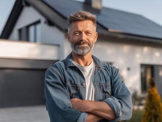 Fototapeta premium Middle-aged homeowner proudly standing outside his self-sufficient home powered by solar panels and battery system, clean sustainable eco energy concept, sustainable living
