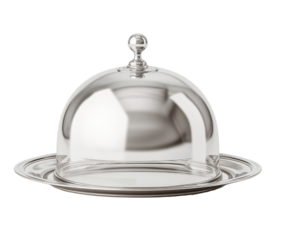 Glass dome serving platter with silver rim.  A clear glass dome sits atop a shallow silver-plated platter.  A decorative silver knob tops the dome
