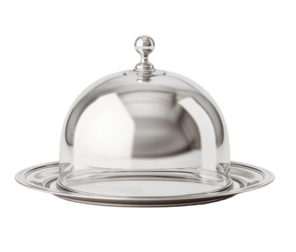 Glass dome serving platter with silver rim. A clear glass dome sits atop a shallow silver-plated platter. A decorative silver knob tops the dome