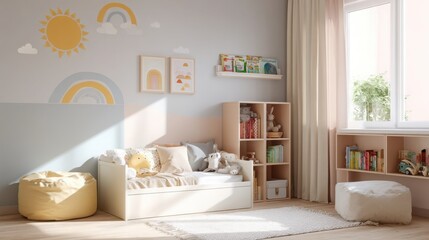 cozy kids room interior with soft pastel colors, small bed with toys, wall stickers, bookshelf with picture books, sunlight coming in, cheerful and safe vibe