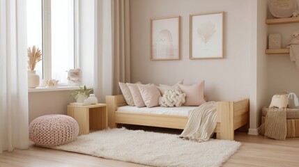 cozy kids room interior, minimal furniture, pastel tones, soft carpet, natural light, small bed with wooden frame, gentle and calm mood  © Hot