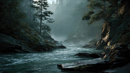 Misty mountain river gorge