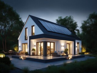Contemporary eco-friendly home in Central Europe with solar panels, terrace, and garden captured at night, green energy, solar technology, future technology, sustainable solutions