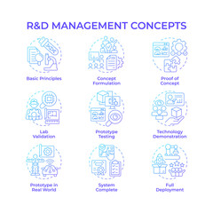 Research and development management blue gradient concept icons. Innovations for organization growth. Strategy. Icon pack. Vector images. Round shape illustrations for blog post. Abstract idea