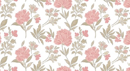 Obraz premium Floral pattern featuring blooming pink flowers and muted green foliage on white.
