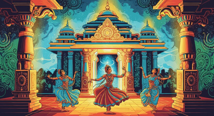 Vibrant illustration of three women performing a traditional dance before an ornate, illuminated temple.