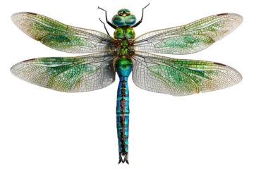 Detailed close-up of a vibrant dragonfly, showcasing intricate wing patterns and body segments in shades of teal, emerald green, and gold