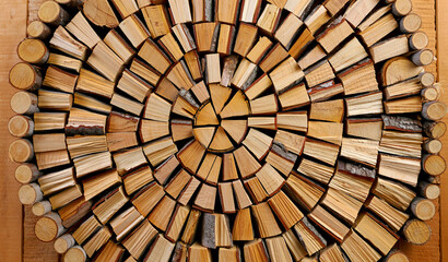 Circular Arrangement of Cut Firewood Logs on a Wooden Background