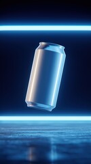 Floating blank white soda can mockup on dramatic dark blue background with soft neon lighting, cinematic low-angle product mockup, product presentation design