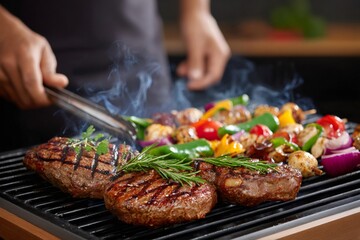 Naklejka premium Chef grilling delicious beef steaks and vegetable skewers on barbecue grill