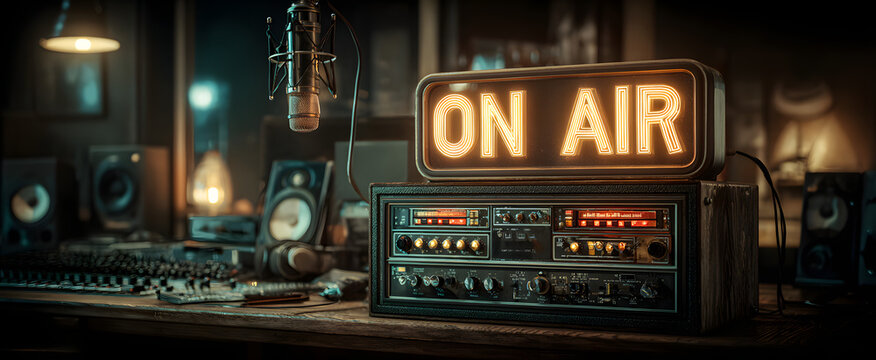 The illuminated ON AIR sign in a professional recording studio environment.