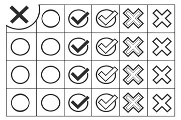 Monochrome graphic of a selection form showing various choices with checkmarks, crosses, and empty circles. Concept of voting, feedback, and decision-making.