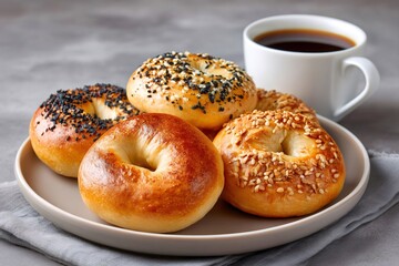 Freshly baked bagels with seeds and coffee cup resting on grey plate
