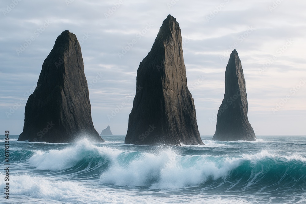 Aufkleber dramatic ocean landscape with towering sea stacks and crashing waves under a cloudy sky in soft natu