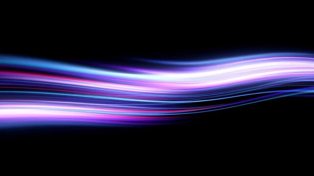 Neon blue and purple streaks flowing in motion across dark background, representing digital energy, futuristic tech visuals, and abstract motion patterns in smooth animation