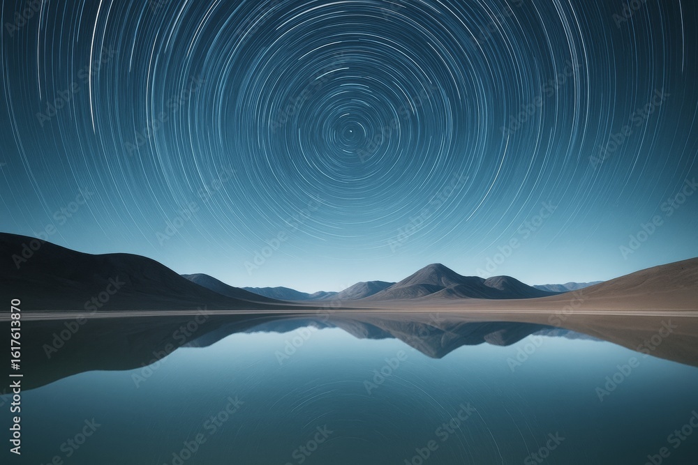 Poster night sky with circular star trails over mountain landscape reflected in calm lake, creating a seren