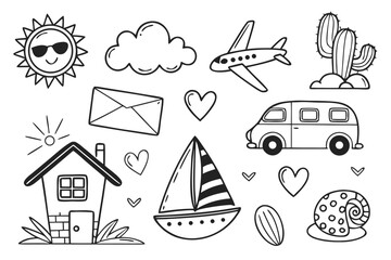 Fototapeta premium Set of cute travel and summer doodles in black and white. Hand-drawn line art icons including a house, van, sun, and airplane.