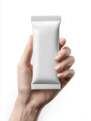 Hand holding blank white snack bar or cookie packaging mockup, clean isolated transparent background, foil wrapper ready for branding and product design, cookies, energy supplements