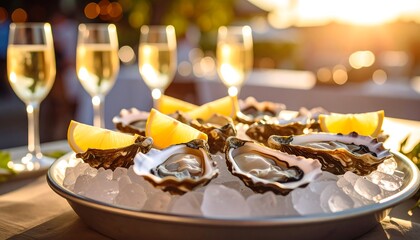 Naklejka premium Fresh oysters on ice with champagne